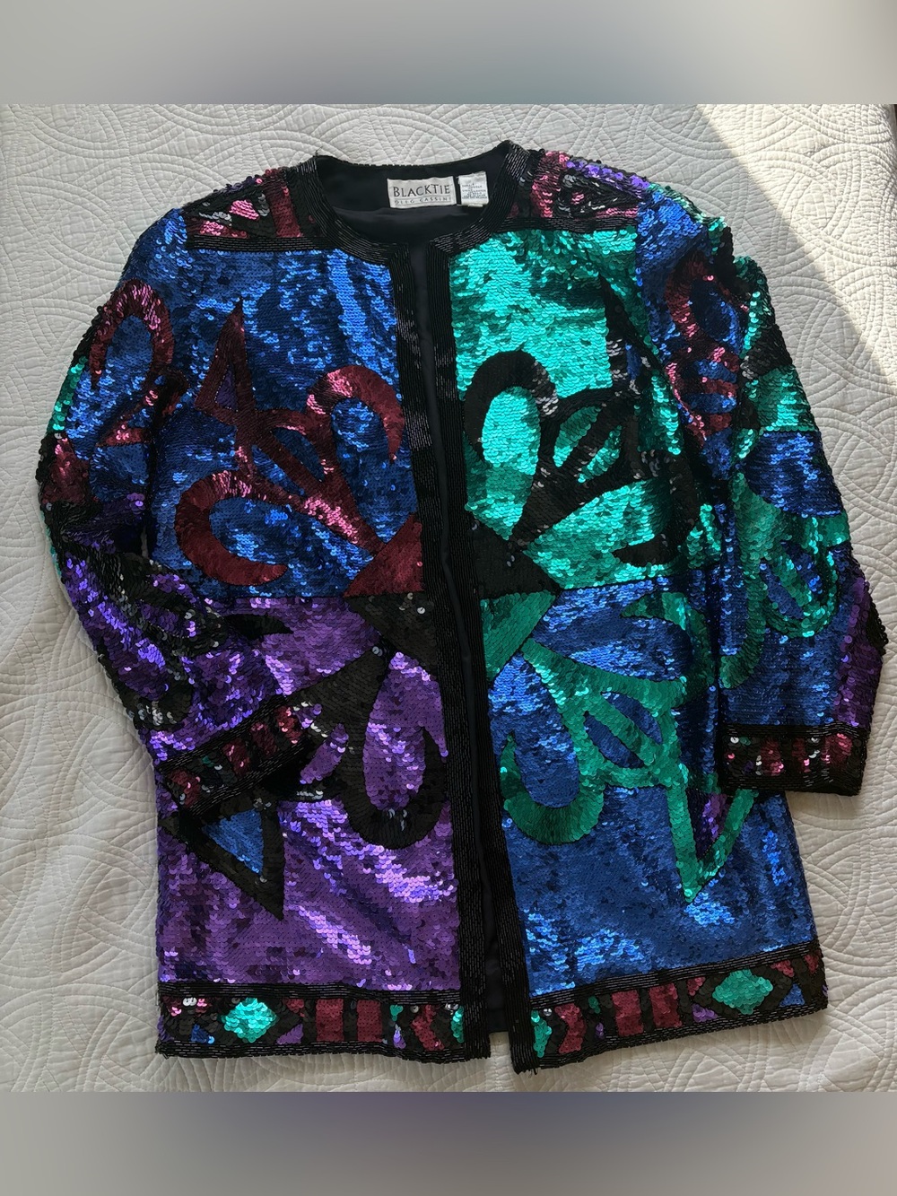 Oleg Cassini Multicolor Sequin Silk Open-Front Jacket Vintage Large